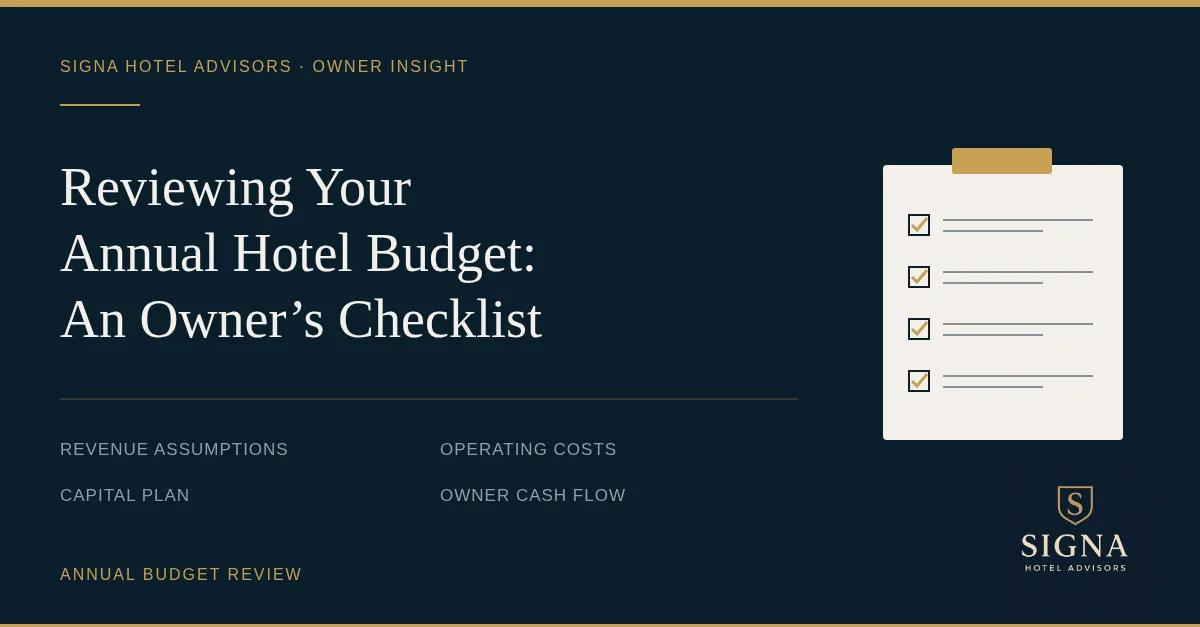 Signa Hotel Advisors annual hotel budget owner's checklist, with a budget review graphic on a navy background